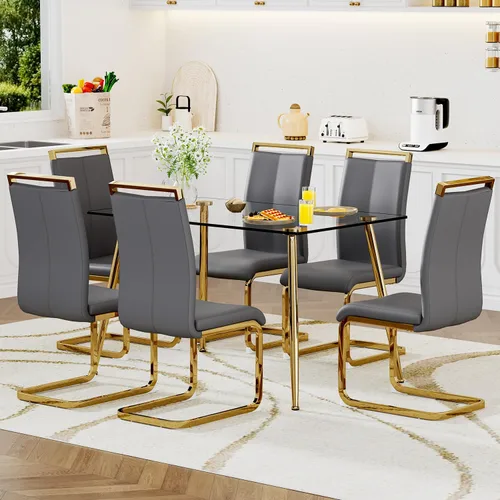 Miniatura 19 de Juego de mesa de comedor de vidrio Ebullient para 4, mesa de 51" de vidrio templado transparente con patas de metal negro y 4 sillas de acrílico