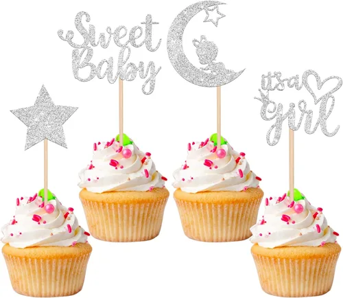 Miniatura 10 de 36 piezas de decoración para cupcakes con diseño de luna con purpurina de luna y estrella para revelación de género de bebé, baby shower, fiestas