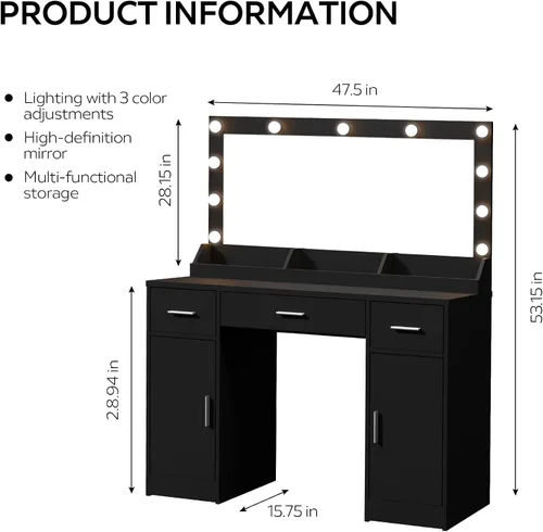 Miniatura 6 de MIRROTOWEL Escritorio de tocador de 47.5 pulgadas con espejo grande, 3 modos de iluminación de color, brillo ajustable, cómoda con 3 cajones y 2