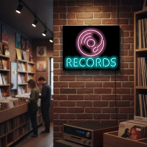 Miniatura 3 de Records Letrero de neón – Tamaño grande – 24 pulgadas de ancho x 18 pulgadas de alto – Letrero de neón doblado a mano real de calidad – Letras