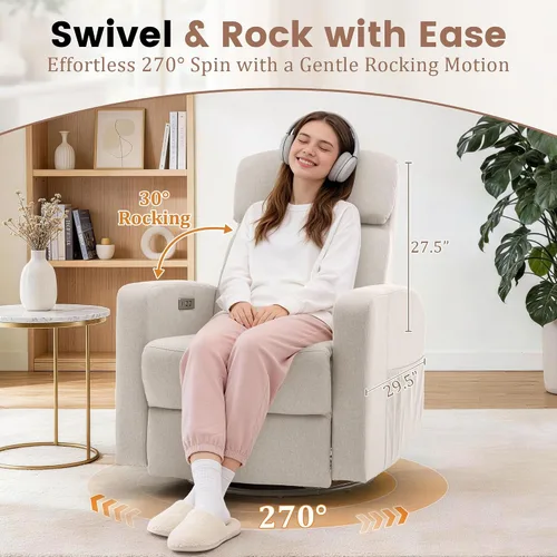 Miniatura 4 de Korser Sillas reclinables eléctricas giratorias para adultos, mecedora eléctrica para guardería, silla reclinable con bolsillo lateral clasificado