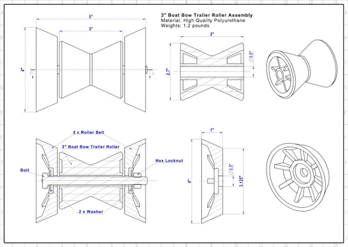 Miniatura 2 de Ensamblaje de rodillo de remolque de arco de barco de 3 pulgadas con campanas de extremo con eje de 1/2 pulgada, se adapta a soporte de remolque