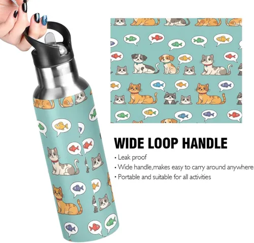 Miniatura 4 de Cartoon Cats Dogs Insulated Stainless Steel Water Bottle with Straw 20 Oz Leakproof Water Bottles, BPA-Free Sports Water Bottle
