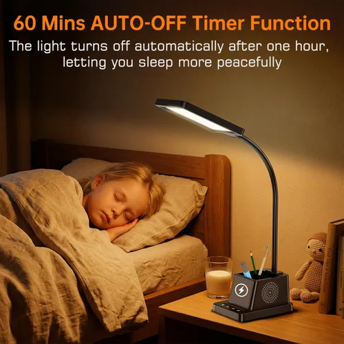 Miniatura 5 de Lámpara de escritorio LED Cozoo para hogar y oficina, lámpara de escritorio brillante de 15W con cargador inalámbrico y soporte para bolígrafos