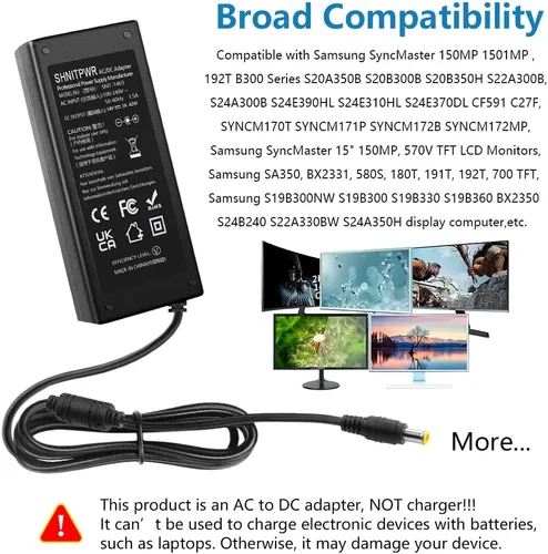 Miniatura 5 de SHNITPWR Cable de alimentación de 14 V para Samsung Monitor 14V 3A 2.5A 2.14A 1.78A 42W Fuente de alimentación AC DC Adaptador para Samsung