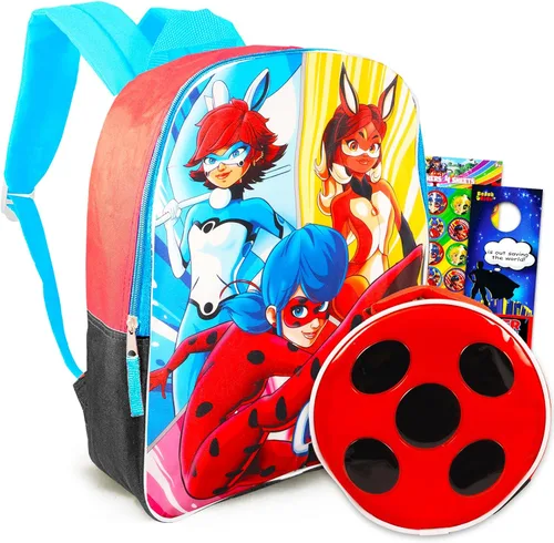 The Miraculous Ladybug - Juego de mochila 3 piezas de suministros escolares con bolsa escolar de mariquita milagrosa de 15 pulgadas para niñas,