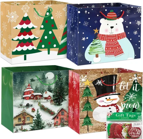 Party Funny 12 bolsas de papel de regalo de Navidad extra grandes a granel con asas y 60 etiquetas de regalo de Navidad - 6 diseños, juego de sacos