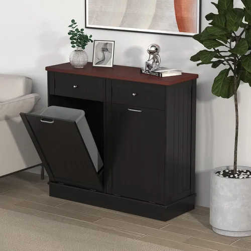 Miniatura 2 de Gabinete de Basura Inclinable, Isla de Cocina Estilo Antiguo con Tablero de Listones y Superficie de Madera Maciza y Cajón, Bote de Basura a Prueba