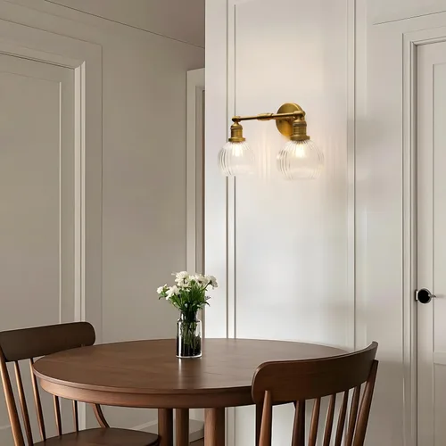 Miniatura 3 de Aplique industrial de pared de vidrio de doble brazo con pantalla de globo a rayas transparentes, lámpara de tocador de pared de 2 luces