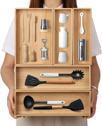 Miniatura 8 de Organizador de Cajones de Bambú en Forma de V de 2 Piezas - Ideal para Vajilla Grande y Larga de Cocina, Utensilios de Cocina, Cubiertos, Vajilla