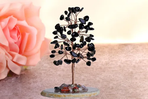 Miniatura 3 de QINJIEJIE Árbol de la vida de obsidiana negra curativa, piedra natural, piedra preciosa para habitación, oficina, escritorio, base de ágata, alambre