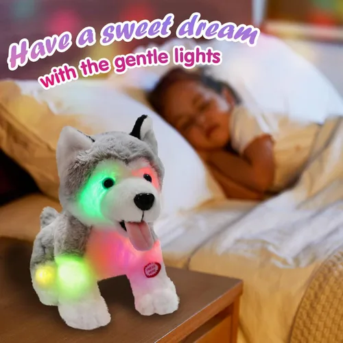Miniatura 2 de Perro husky de peluche con luces LED suave y brillante, juguete de cachorro con luces nocturnas mágicas para el día de los niños, cumpleaños