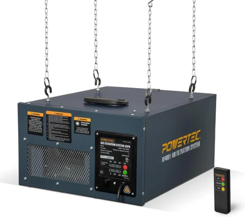 POWERTEC AF4001E Sistema de filtración de aire de control remoto RF de 3 velocidades para carpintería (300/350/400 CFM), filtro de aire colgante
