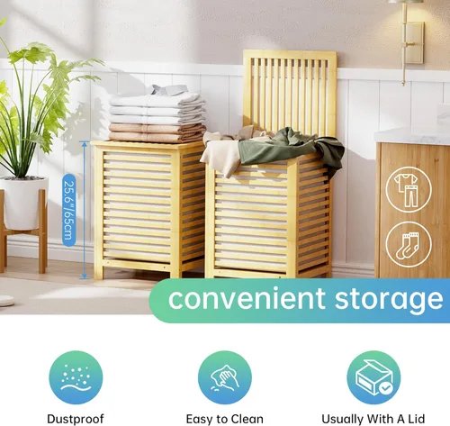Miniatura 7 de SMIBUY Cesta de lavandería doble con tapa, cesta de lavandería de bambú de 120L con bolsa interior extraíble, clasificador de ropa de 2 secciones