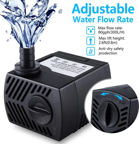Miniatura 3 de CWKJ Bomba de fuente, 2 paquetes de bomba de agua sumergible de 80 GPH(4 W, 300 L/H), bomba de agua duradera para fuente al aire libre con cable