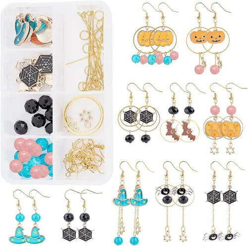 Miniatura 13 de SUNNYCLUE 1 caja de bricolaje para hacer 10 pares de aretes colgantes con temática de Halloween, kits de fabricación de joyas, calavera, calabaza