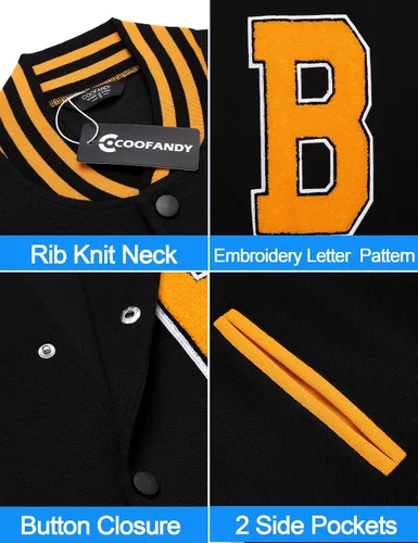 Miniatura 5 de COOFANDY Chaqueta Varsity para hombre, ajuste regular, casual, letterman, béisbol, bomber