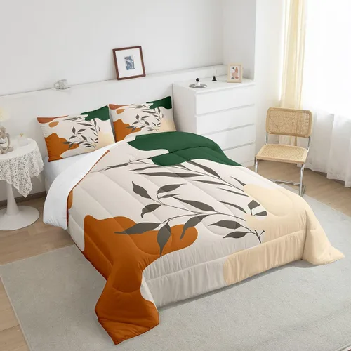 Miniatura 4 de Juego de edredón de hojas, tamaño King, color naranja y verde, juego de ropa de cama para niños y niñas, retro, exótico, arte moderno, abstracto