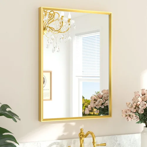 Miniatura 51 de TETOTE Espejo de Baño Dorado de 16" x 20" Latón Dorado Cepillado Rectangular con Marco Biselado Espejo de Tocador de Baño para Sobre el Lavabo