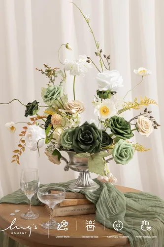 Miniatura 2 de Ling's moment Flores Artificiales Verdes, Juego de Caja de Lujo Combo de Flores Verde Esmeralda y Beige con Follaje para Ramo de Novia DIY de Boda