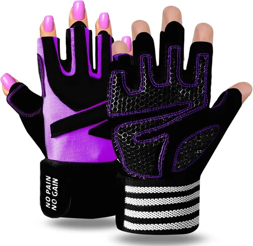 Miniatura 7 de Guantes de levantamiento de pesas para mujer, entrenamiento de gimnasio con soporte de muñeca, guantes acolchados de medio dedo para ejercicio