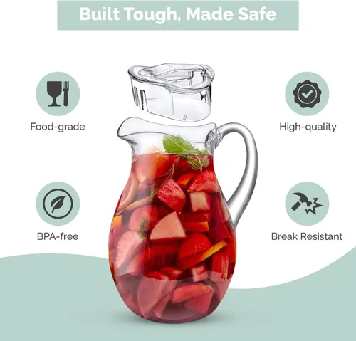 Miniatura 3 de Jarra acrílica (72 onzas), plástico transparente, jarra de agua con tapa, inastillable, jarra transparente sin BPA, ideal para sangría, limonada
