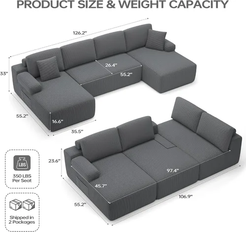 Miniatura 2 de DURASPACE Sofá Seccional Modular en Forma de U de 126.2'', Sofá Convertible de 4 Asientos, Sofás Sin Huesos para Sala de Estar (Gris)