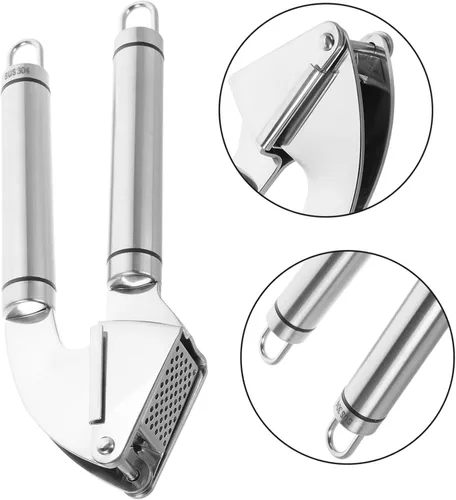 Miniatura 7 de Prensa manual de ajo de acero inoxidable con pelador, herramienta de picadora multifuncional para trituración de ajo, jengibre, fácil de limpiar