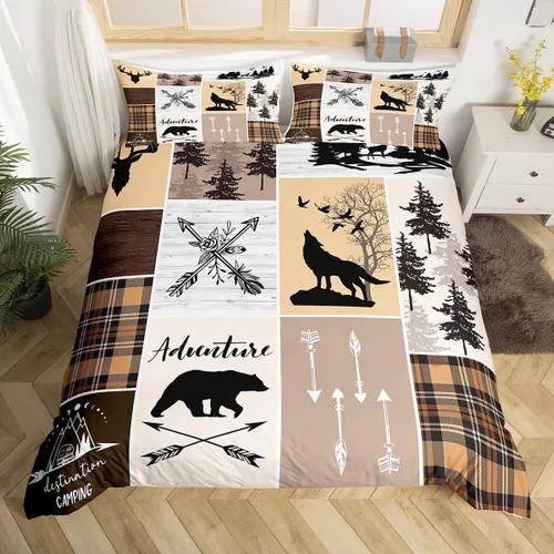 Miniatura 9 de Juego de funda de edredón para niños de ciervo, oso, lobo, tamaño individual, juego de ropa de cama de cabaña de aventura para niños, niñas