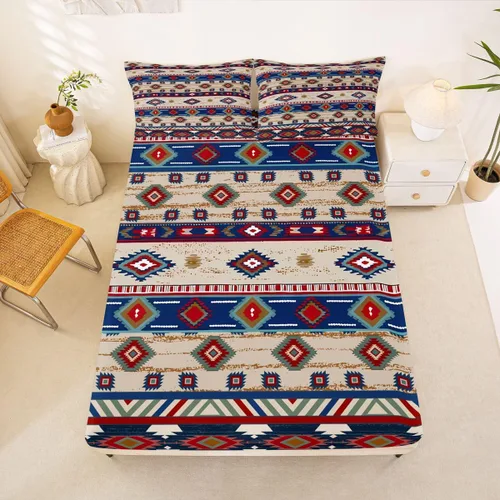 Miniatura 9 de Juego de ropa de cama occidental tamaño individual, sábanas aztecas, estilo nórdico exótico, bohemio, sábana bajera ajustable de tribu india