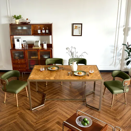 Miniatura 2 de Juego de 2 sillas de comedor de cuero tapizadas modernas con cojín de espuma de alta resistencia, chapa de madera de nogal y patas de metal dorado