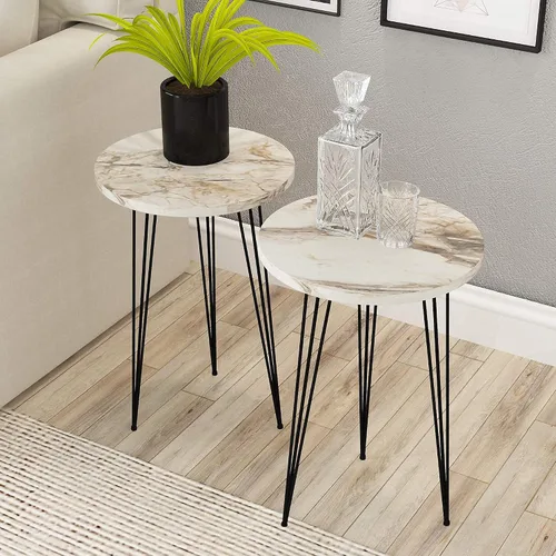 Miniatura 8 de Juego de 2 mesas auxiliares redondas de madera para sofá para espacios pequeños, mesita de noche con patas de metal para dormitorio, sala de estar