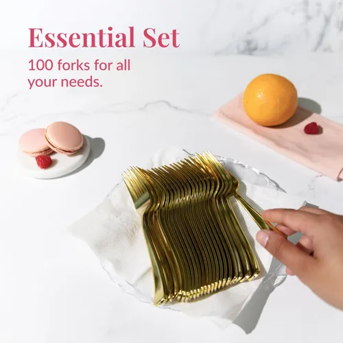 Miniatura 4 de Prestee 100 tenedores de plástico – Utensilios de cubiertos de plástico dorado resistentes de 7 pulgadas – Tenedores dorados elegantes y desechables
