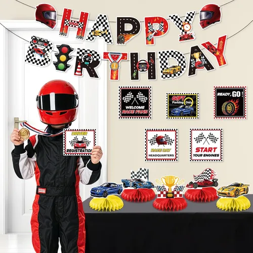 Miniatura 6 de Kit de decoración de fiesta de cumpleaños de auto de carreras para niños, cartel de feliz cumpleaños, telón de fondo de carreras con temática