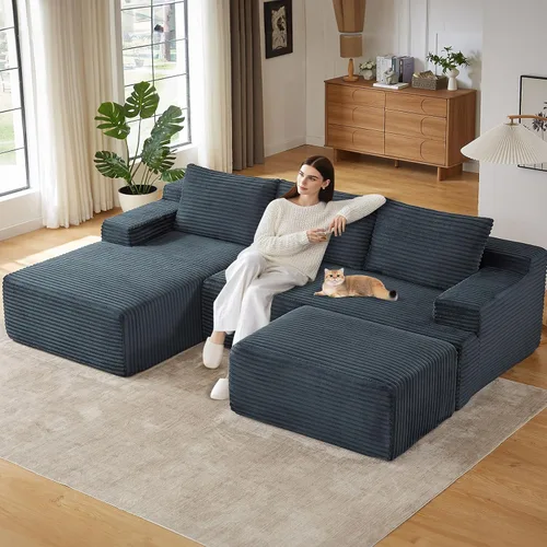 Miniatura 16 de Sofá modular de 95 pulgadas con otomana, moderno sofá nube de pana con asiento profundo, sofá sin hueso tapizado de 3 plazas en forma de U para sala