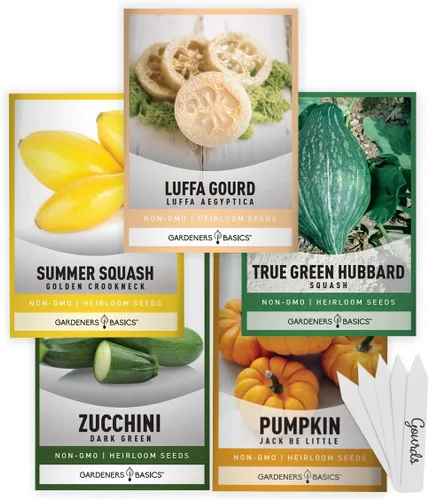 Gardeners Basics Semillas de calabaza y calabaza para plantar – 5 variedades de calabaza Luffa, Hubbard, mini calabaza, calabacín, Crookneck, ideal
