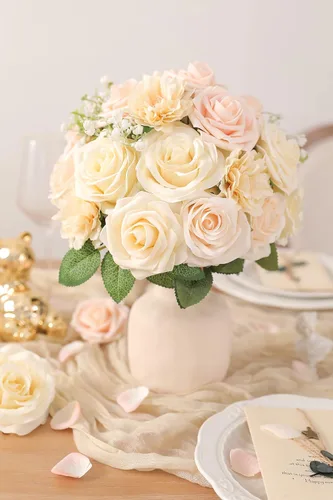 Miniatura 5 de YYHUAWU Juego de caja de flores artificiales color champán de espuma de color degradado y flores falsas de seda con tallos para bricolaje, boda
