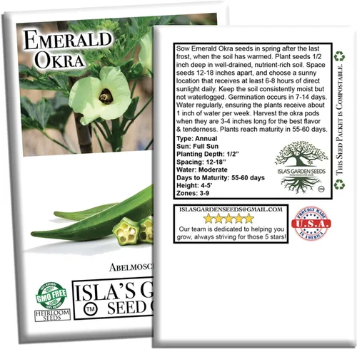 Miniatura 7 de Semillas de okra esmeralda para plantar (Abelmoschus esculentus) – Más de 150 semillas sin OMG y reliquias de Isla's Garden Seeds, cápsulas verdes