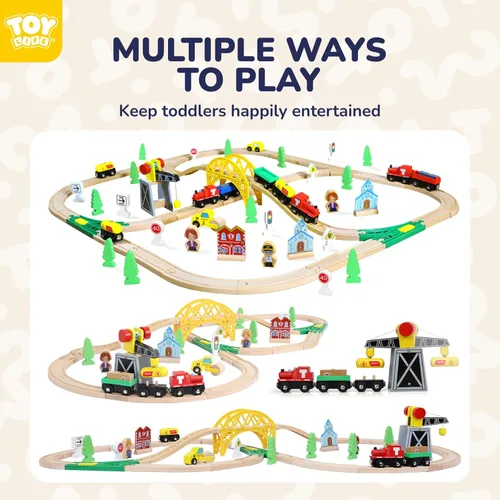 Miniatura 4 de TOY Life Juego de tren de madera, 60 piezas con grúa magnética, juguetes de madera para niños y niñas de 3, 4, 5, 3 años, juguetes de madera