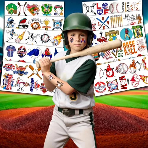 Miniatura 3 de 96 tatuajes temporales de béisbol – Regalos y decoraciones para fiestas de cumpleaños temáticas deportivas, divertidas calcomanías de béisbol
