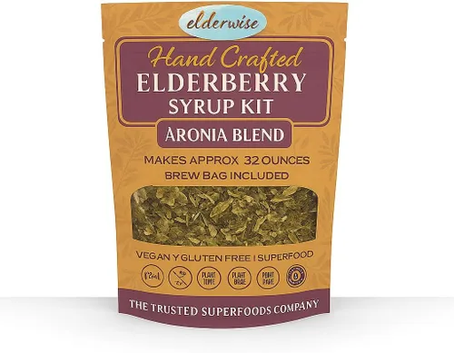 Elderwise - Kit de jarabe de bayas de saúco, bayas de saúco, bayas de aronia, escaramujos, jengibre, equinácea, canela y clavo, hace 32 onzas de