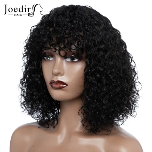 Miniatura 5 de JOEDIR HAIR Peluca corta y rizada con flequillo, peluca de cabello humano virgen brasileño de 12 pulgadas para mujeres negras, peluca Jerry Curl