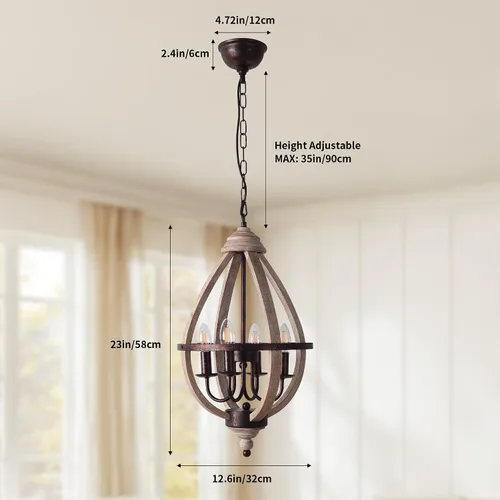 Miniatura 6 de Lámpara colgante de madera con forma de lágrima vintage, lámpara de granja con acabado de madera envejecida y bronce para isla de cocina, comedor
