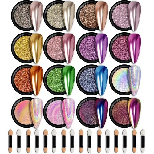 GELPARTY - Juego de polvos de uñas cromados de 16 colores, pigmento de efecto holográfico y espejo de alta calidad dorado metálico, plata, camaleón,