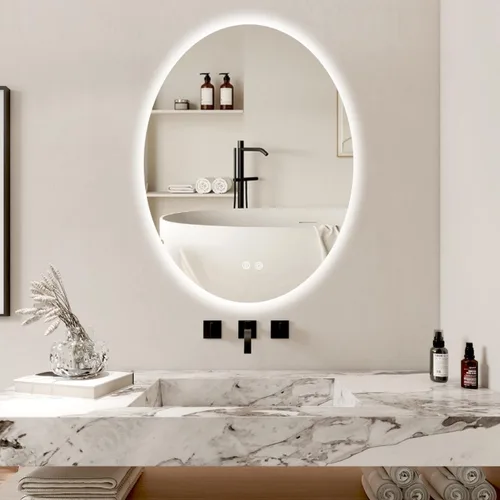 Espejo de baño LED ovalado retroiluminado de 28 x 20 pulgadas, antiempañamiento, 3 colores, luz regulable, montado en la pared, espejo iluminado de
