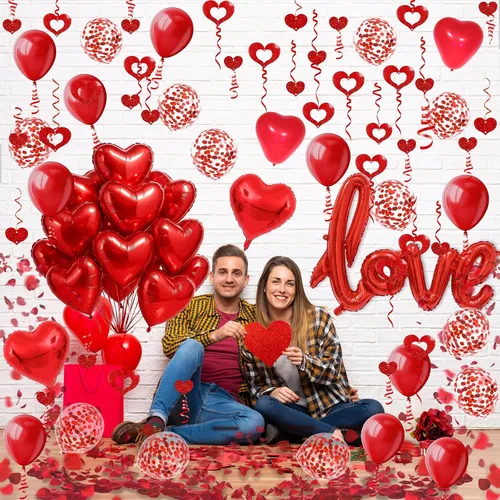 Miniatura 5 de Fecedy Globo de papel de aluminio en forma de amor y corazón, globos de látex redondos y en forma de corazón, globo de confeti, pétalos falsos