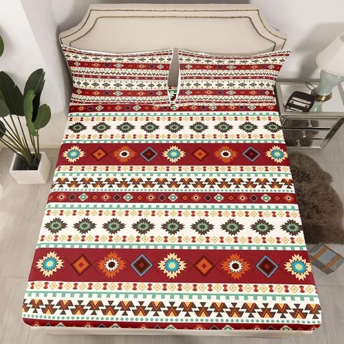 Miniatura 16 de Juego de sábanas bajeras de diseño nativo americano del suroeste para niños, niñas y adolescentes, juego de ropa de cama tribal para niños, niñas