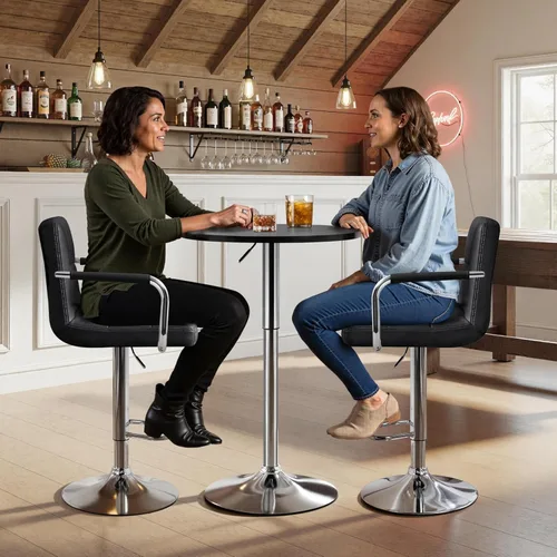 Miniatura 4 de Yaheetech Mesa redonda de bar de 3 piezas y sillas giratorias ajustables de piel sintética, juego de mesa moderno de altura de mostrador con 2 Negro