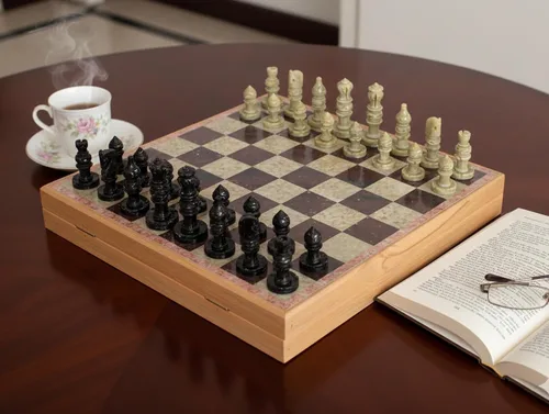 Miniatura 2 de StonKraft - Tablero de ajedrez de 10" X 10" con base de madera y incrustaciones de piedra y juego de piezas de piedra