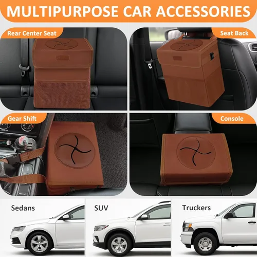 Miniatura 5 de Vankor Cubo de basura para coche, marrón, capacidad de 2.2 galones, impermeable, material de poliéster, correa ajustable, diseño colgante, forro a